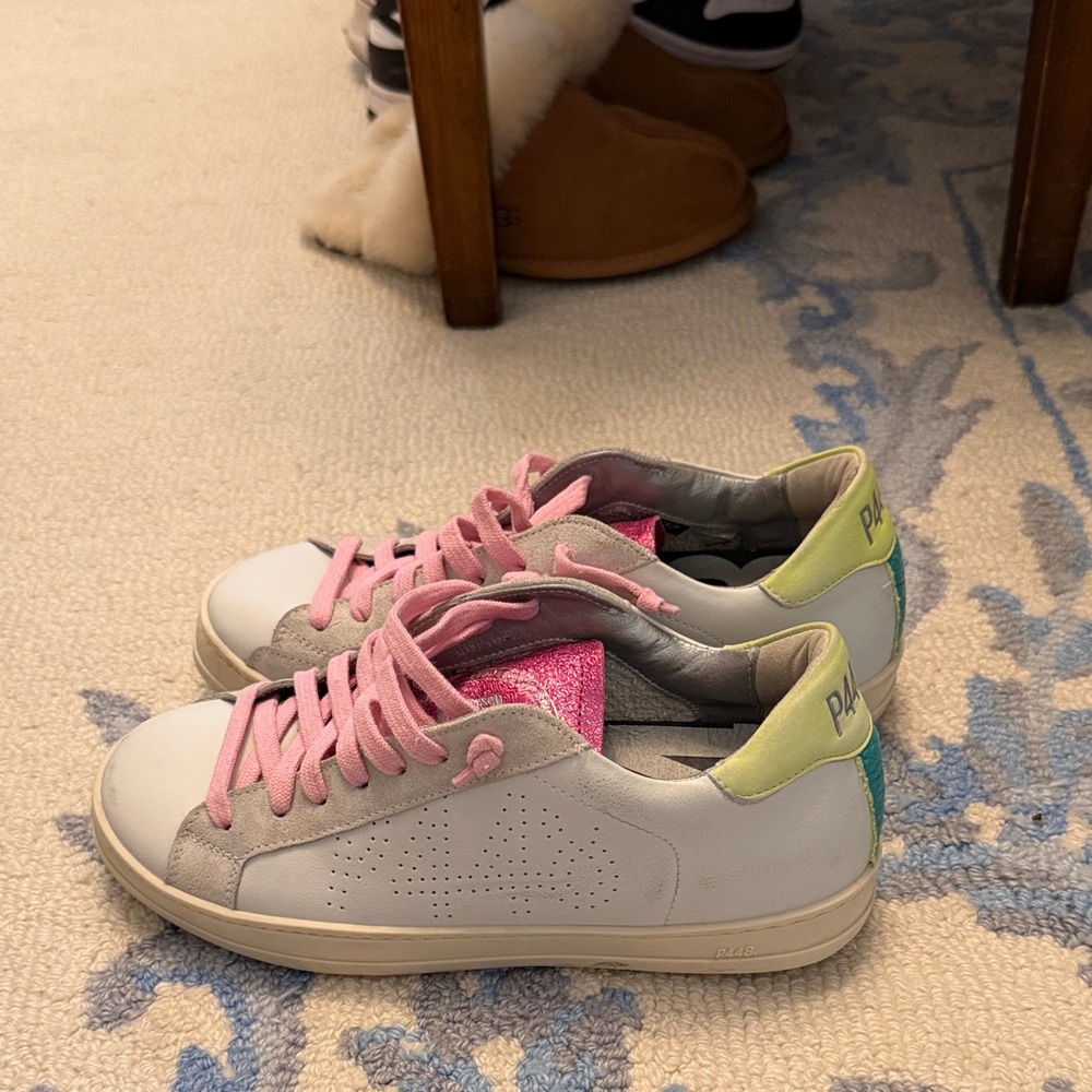 P448 White Sneakers with Pink and Green Accents